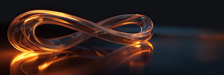 A mesmerizing geometric Mobius strip radiates a warm glow as it floats in the air, surrounded by a deep black background. This ethereal structure captivates the viewer with its simple yet striking design, evoking a sense of fantasy and wonder. The smooth curves and luminous colors create an enchanting visual experience.の素材