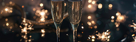 Guests to gather to celebrate New Year's Eve, clinking champagne glasses as vibrant fireworks illuminate the dark night sky. The atmosphere is filled with joy and anticipation as the countdown begins, creating a festive backdrop for the celebration.の素材