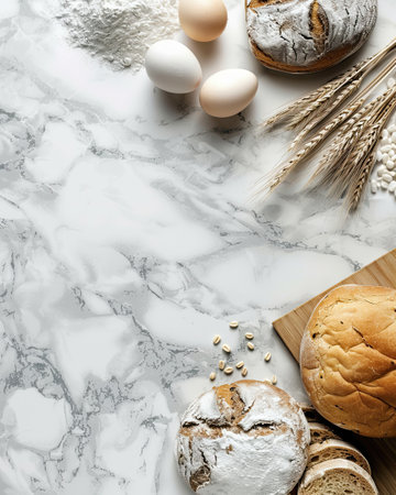This layout features a clean marble background showing an assortment of fresh breads, eggs, and wheat alongside some flour. The arrangement highlights the ingredients beautifully, inviting the viewer to appreciate the simplicity and elegance of the selected items.の素材