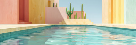 A tranquil outdoor pool features crystal clear turquoise water, reflecting pastel-colored walls and terraces. Cacti add a touch of greenery, creating a serene atmosphere ideal for relaxation and leisure.の素材