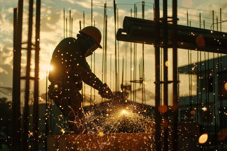 A construction worker is actively using a welding torch, generating bright sparks as they work on a partially completed structure. The warm glow of the sunset illuminates the scene, highlighting the industrial surroundings and the dedication of the worker.の素材