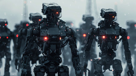 A formidable army of futuristic military robots advances through a snowy battlefield, their red lights glowing ominously in the fading light of dusk. These advanced automatons are poised for action, equipped for tactical operations and showcasing cutting-edge design in technology and warfare.の素材