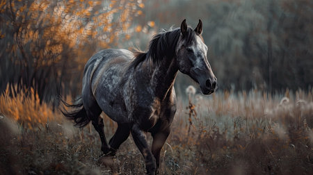 A striking Appaloosa horse gracefully navigates through a breathtaking natural landscape, surrounded by colorful autumn foliage. The soft light of dusk casts a warm glow, highlighting the unique markings of the horse as it explores its serene environment.の素材