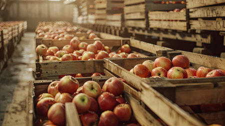 Workers are preparing fresh apples for loading into wooden containers within a spacious storage facility. The background reveals numerous crates filled with apples, showing the busy atmosphere of the harvest season.の素材