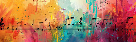 An artistic composition showcases a vibrant abstract background filled with colorful splashes, harmoniously intertwined with sheet music. The dynamic interplay of colors and musical notes evokes a sense of creativity and inspiration, ideal for artistic exploration.の素材