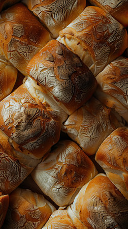 An artistic display featuring various types of rustic bread arranged closely together on a dark background. The low-key lighting accentuates the textures and imperfections of the bread crusts, creating a warm and inviting atmosphere. This arrangement highlights the craftsmanship behind each loaf, showing the artisanal quality of the baking process.の素材