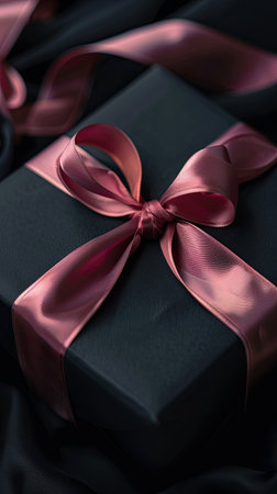 A beautifully wrapped black gift box adorned with a delicate pink ribbon sits atop a soft, dark fabric. This elegant presentation is perfect for celebrating special occasions, making it an ideal choice for gifting.の素材
