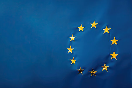 The flag of the European Union flutters gracefully in the bright blue sky, showcasing twelve golden stars arranged in a circle against a deep blue backdrop. This representation embodies the ideals of unity and collaboration among European nations.の素材