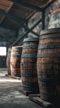 The interior of a rustic warehouse showcases a collection of old wooden barrels, prominently stacked against the backdrop of aged walls and beams. These barrels, used for aging whiskey and wine, evoke a sense of tradition and craftsmanship in the distilling industry.の素材