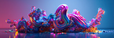 A vibrant and surreal biomorphic claymation form emerges, showing bulbous shapes that pulsate with neon colors. The luminous surfaces reflect light in a dreamlike ambiance, creating a grotesque yet captivating spectacle, evoking a sense of wonder and intrigue.の素材
