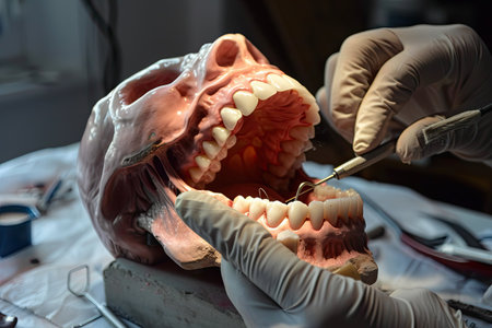 A dentist is skillfully restoring teeth on a detailed anatomical model, showing their expertise in dental procedures. The practice occurs in a well-equipped clinic where tools are arranged neatly nearby, emphasizing the focus on dental care.の素材