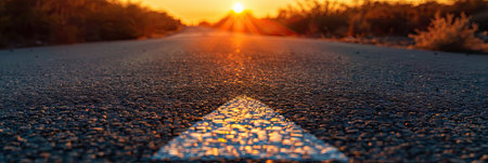 A low angle captures a prominent white arrow painted on an asphalt road, directing ahead toward the horizon, where a warm sunset casts golden light. The setting sun creates a serene atmosphere, symbolizing guidance and the journey towards future opportunities.の素材
