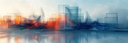 The composition features a central blue rectangle surrounded by various sizes of rectangles in gradient shades of light colors, all arranged equidistantly. The design creates a visually striking effect, with soft hues blending into one another. This arrangement adds depth and dimension, evoking a sense of calm and artistic expression that resonates throughout the layout.の素材