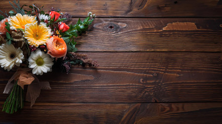 A vibrant bouquet of wild flowers rests elegantly on the corner of a rustic wooden table, showing a beautiful blend of colors and textures. The arrangement includes daisies, roses, and other blooms, which contribute to a warm and inviting atmosphere.の素材