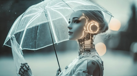 An advanced android is holding a digital umbrella while standing under a virtual rain in a harmonious and innovative setting.の素材