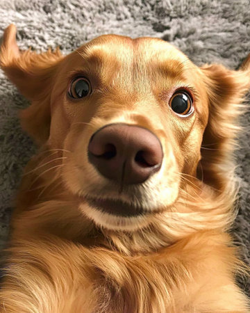 A friendly golden retriever captures its own moment with expressive eyes while lying on a plush carpet in the sunlight.の素材