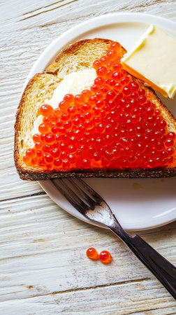 A slice of toasted bread is generously spread with butter and topped with vibrant red caviar, presented on a rustic wooden table.の素材