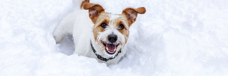 A cheerful dog frolics through soft, white snow, enjoying the winter weather and having a great time.の素材