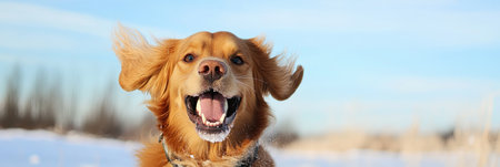 A joyful dog runs and plays in the snow, wagging its tail amidst a bright blue sky, enjoying a winter day.の素材