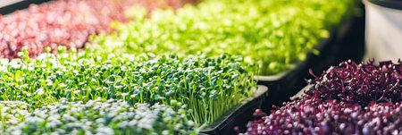 Colorful microgreens flourish under bright lights in a greenhouse, showing a variety of nutritious plants ready for harvest.の素材