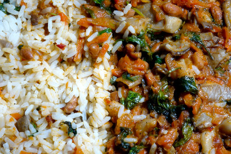 A bowl filled with fluffy rice accompanies a hearty vegetable stew, featuring colorful ingredients and rich textures, perfect for sharing.の写真素材