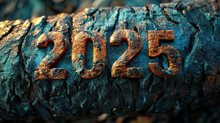 The design features numbers shaped from tree bark with a rich, vibrant texture, highlighting the year 2025.の素材