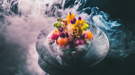 Enjoy a visually stunning nitrogen frozen dessert topped with edible flowers and vibrant fruit gels, surrounded by swirling mist.の素材