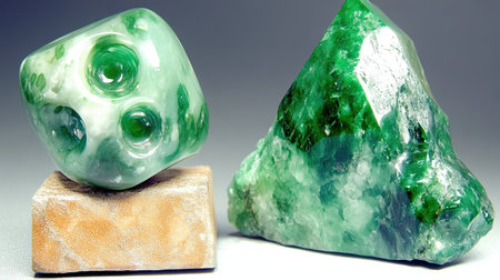 Two distinct green gemstones, one rounded and polished, the other jagged and rough, showcase their vibrant hues and intricate patterns.の素材