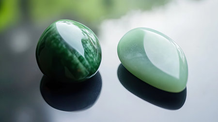 Two precious gemstones, nephrite and jadeite, rest on a reflective surface, showing their vibrant colors and smooth textures.の素材