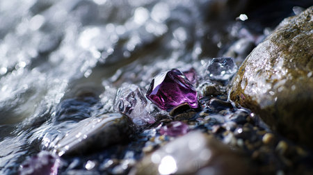 A close-up view captures various colorful gems glistening in a stream, blending with the smooth stones and flowing water.の素材