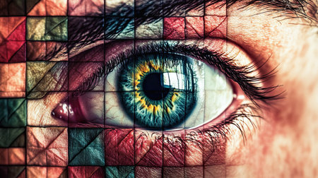A close-up view reveals a human eye featuring a blend of abstract kaleidoscopic colors and intricate patterns.の素材