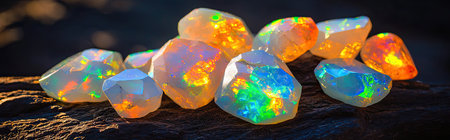 A beautiful array of stone opals glistens with vibrant colors, resting on a wooden surface illuminated by sunlight.の素材