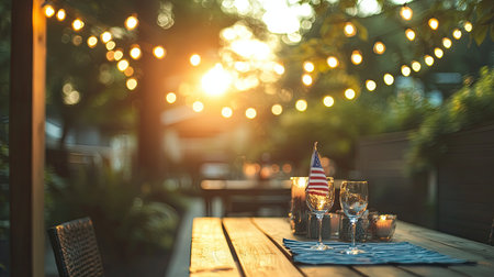A cozy outdoor dining table set for a Labor Day celebration features a small US flag, decorated with glasses and candles, illuminated by soft sunshine and string lights.の素材