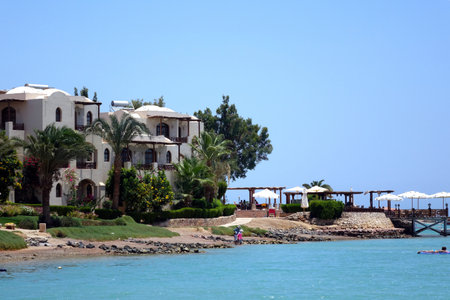 El Gouna, Egypt - July 09, 2017 - Nubian Style Villas Overlooking the Serene Beaches of El Gouna Resort on the Red Sea in Egyptのeditorial素材