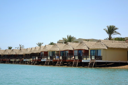 El Gouna, Egypt - July 09, 2017 - Stay in a Charming Bungalow Under a Thatched Roof at El Gouna Near the Red Sea in Egyptのeditorial素材