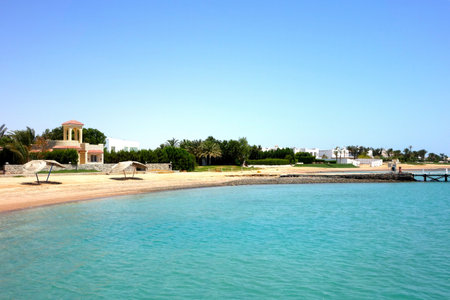 El Gouna, Egypt - July 09, 2017 - Stunning Coastal Views of El Gouna Resort on Red Sea Featuring Sandy Beaches and Lush Landscapesのeditorial素材