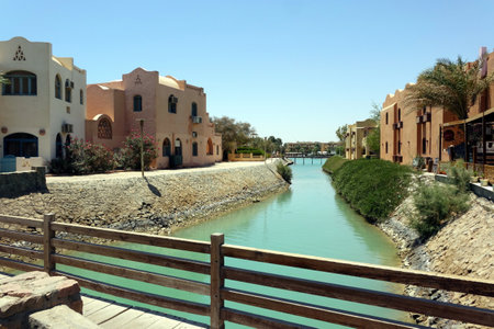 El Gouna, Egypt - July 09, 2017 - Beautiful Canals and Unique Architecture of El Gouna Resort on the Red Sea Islands in Egyptのeditorial素材