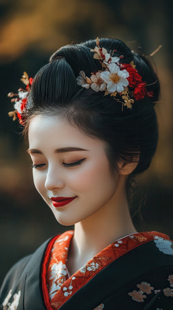 A young Japanese woman dressed in a beautiful kimono stands peacefully with her eyes closed, surrounded by nature. Her hair is adorned with delicate flowers, enhancing the tranquil atmosphere.の素材