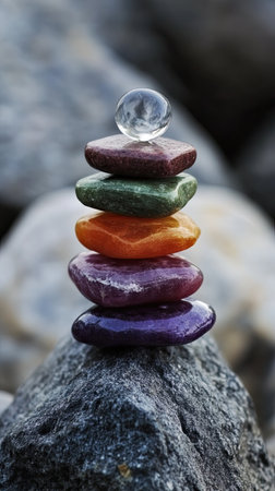 A stack of colorful stones representing chakra balance is carefully placed on rocky terrain. The soft light of dusk highlights the vibrant hues of each stone, creating a tranquil atmosphere.の素材