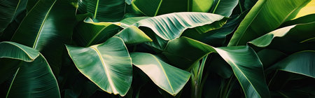 Vibrant banana leaves interweave to form a thick, green backdrop. Sunlight filters through the leaves, enhancing their natural beauty and creating a tropical atmosphere in the afternoon.の素材