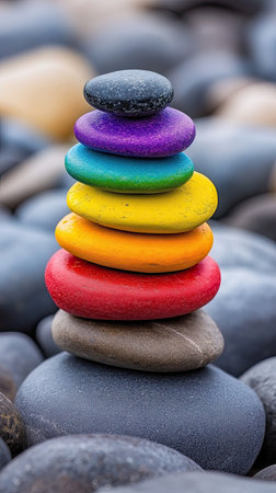A vibrant arrangement of colored stones symbolizes chakra balancing, arranged neatly on smoother rocks by a natural setting, promoting serenity and mindfulness.の素材