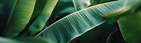 The image highlights fresh banana leaves with rich green hues and texture, set against a softly blurred background of other leaves, evoking a serene natural environment.の素材
