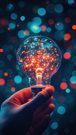 A hand holds a glowing light bulb filled with colorful sparks, symbolizing the transformative power of medical technology and innovations that change lives through advancements in healthcare.の素材