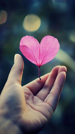 A delicate hand cradle a pink, heart-shaped flower petal, capturing the beauty of love in nature. The soft light enhances the moment, symbolizing affection and tenderness.の素材