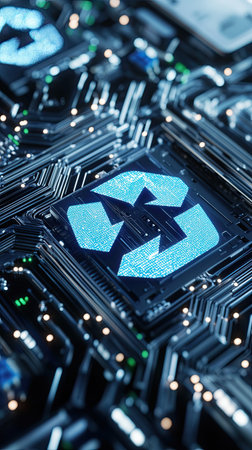 A circuit board displays a recycling symbol, highlighting the significance of electronics recycling for sustainability and environmental protectionの素材