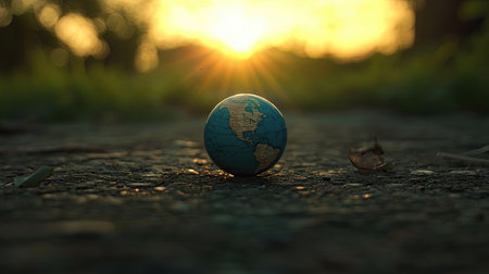 A globe representing Earth sits on a path, illuminated by the warm glow of a sunrise. Nature surrounds the scene, symbolizing a transformative moment for the world.の素材