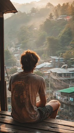 A young man sits quietly at a window, gazing out at a serene mountain valley bathed in warm sunset light. The beauty inspires contemplation about life's journey and future steps.の素材