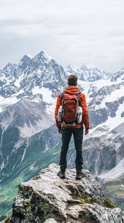 Standing on a rocky outcrop, a hiker in an orange jacket gazes at the breathtaking mountain landscape. The cloudy sky frames the rugged peaks, evoking a sense of adventure and reflection.の素材