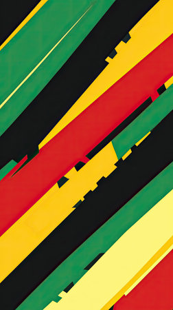 The vibrant colors of green, yellow, and red are arranged in dynamic stripes against a black backdrop, reflecting the lively spirit of reggae culture and Rasta aesthetics in an artistic format.の素材