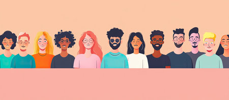 A vibrant group of individuals of different ages, ethnicities, and abilities gathers to celebrate diversity and inclusion, showing unity and shared experiences in a welcoming setting.の素材